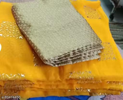 AnyTime's Poly Chiffon Yellow Lace border Saree With Blouse