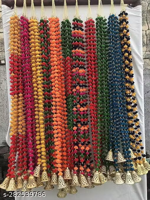 10 pc Handmade Wall Door Multicolor Pom Pom String with Golden Beads, Big Bell Hanging Torans Garland Bandhwar Decoration Item