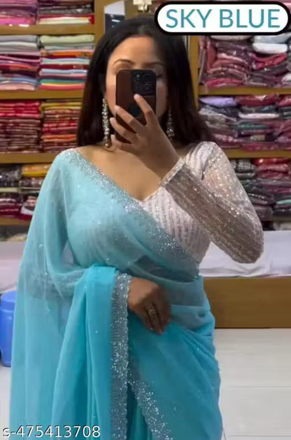 Gullak Women Fashion Georgette Diamomd Work Saree for Women