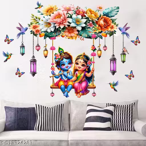 vcreate decor Cute Little Radha Krishna Butterflies Flower Wall Sticker ( size - small )