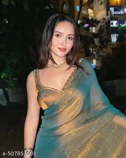 BHARODIYA ENTERPRISES Gold & Rama Green Two-Tone Soft Fancy Chiffon Silk Designer Saree